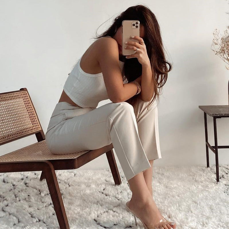 Pleated High Waist Slim-fit Basic Pants with Pocket Detail