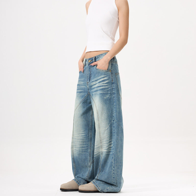 Wide-leg Blue Jeans with Deconstruct Stitching for Trendy Style