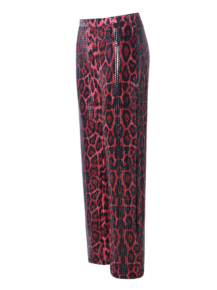 Leopard Print Straight-leg Trousers with Sparkling Sequins Detail