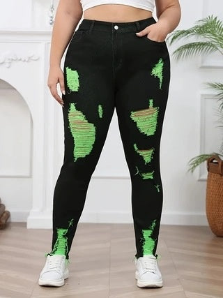 Denim Trousers with Ripped Contrast Colors for Street Fashion Style