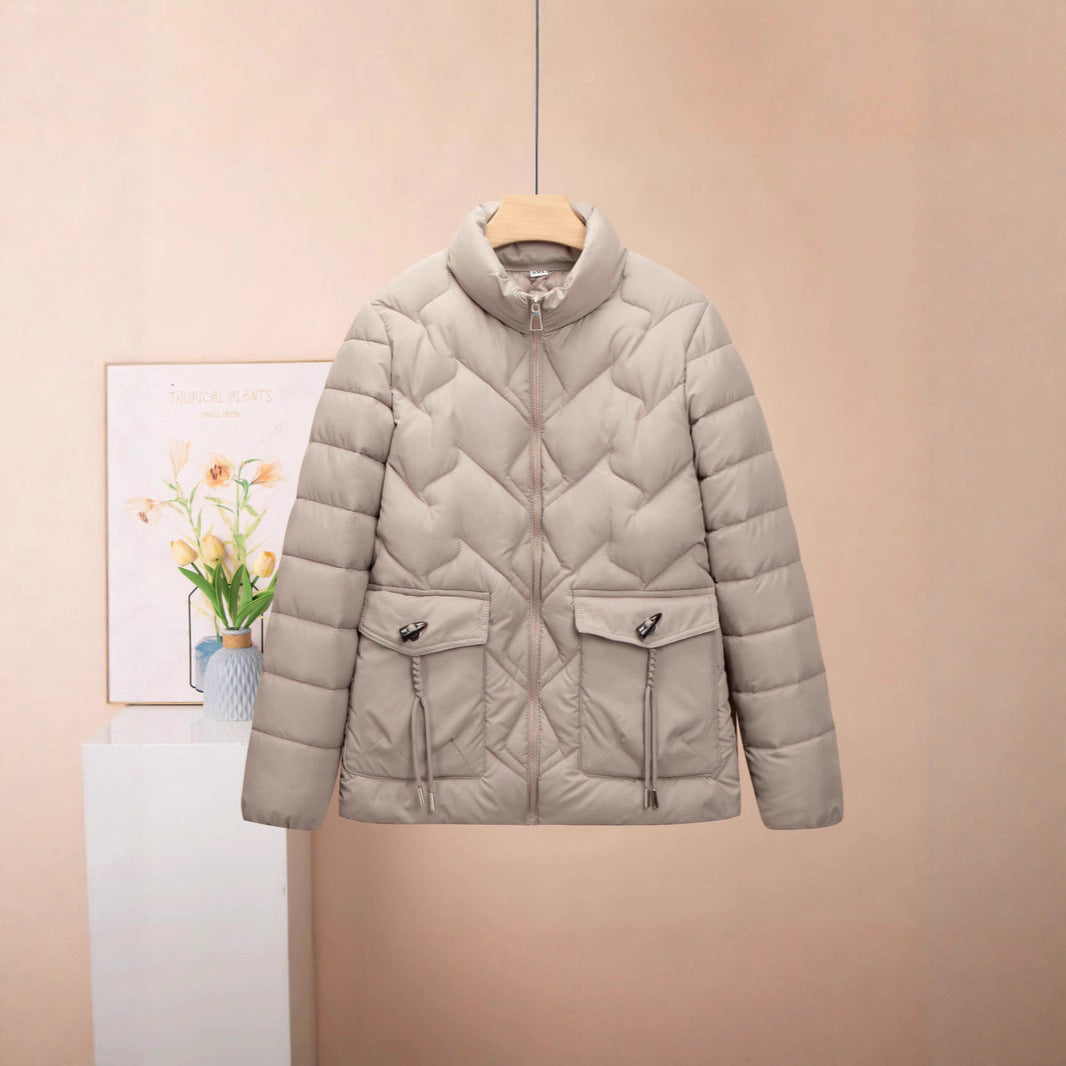 Solid Color Thick Cotton Jacket with Medium Length Design