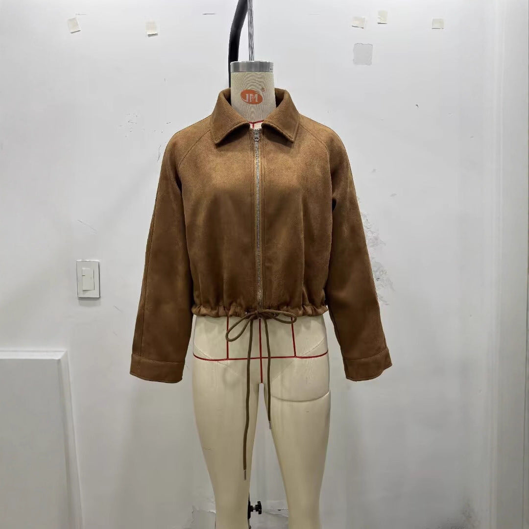 Flannel Drawstring Hem Jacket Coat with Loose Fit and Comfort Style