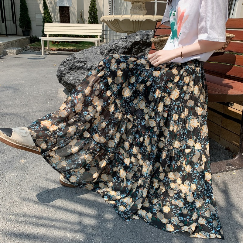 A-Line Chiffon Floral Skirt with Colorful Print Style