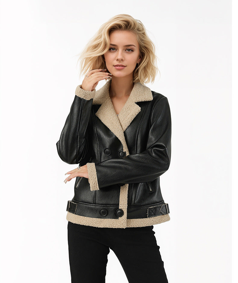 Fleece Padded Leather Coat with Fur Collar Alternative Styling
