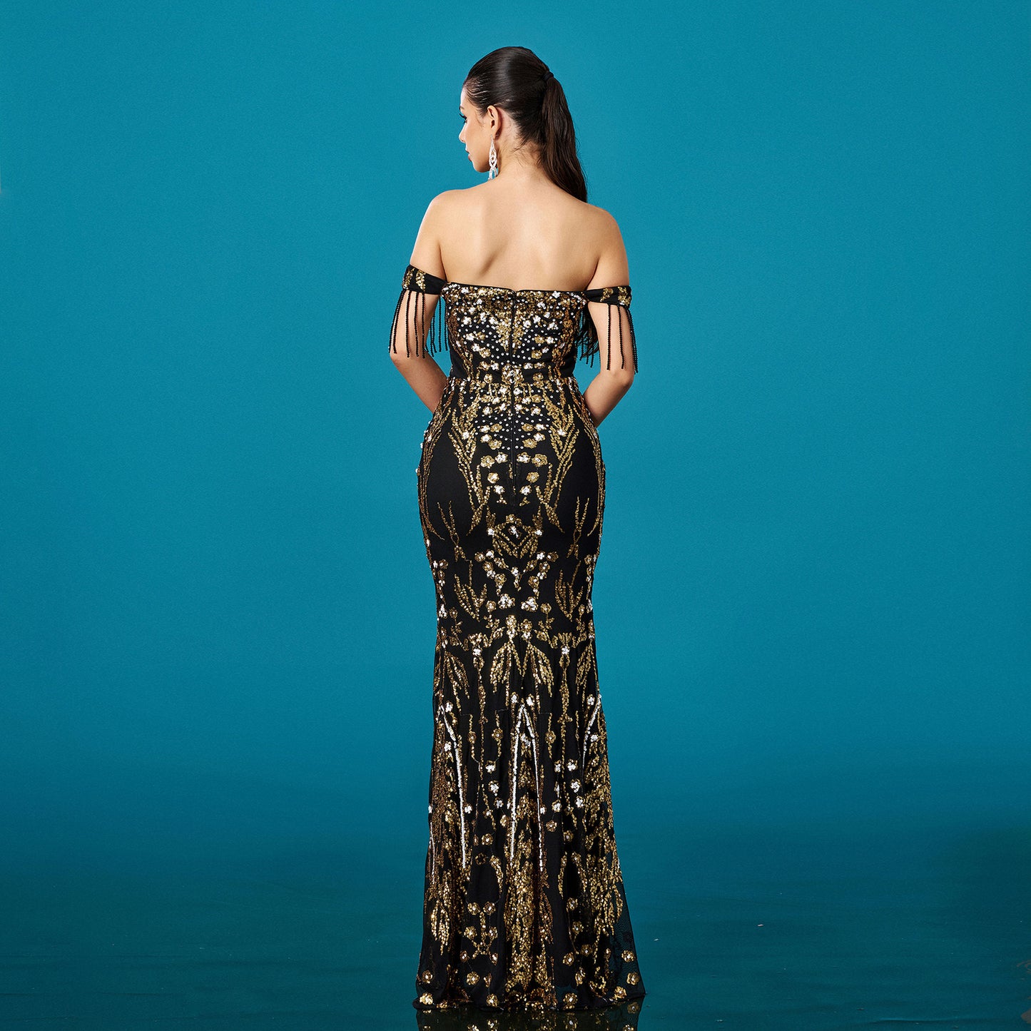 Fishtail Evening Dress with Off-neck Tassel Sequins for Banquet