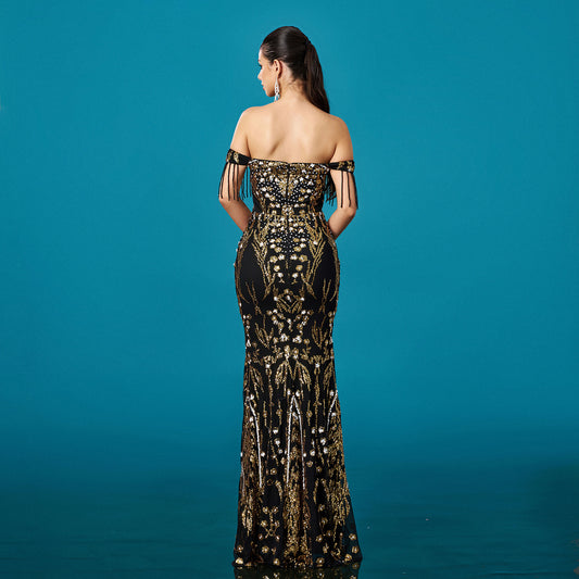 Fishtail Evening Dress with Off-neck Tassel Sequins for Banquet