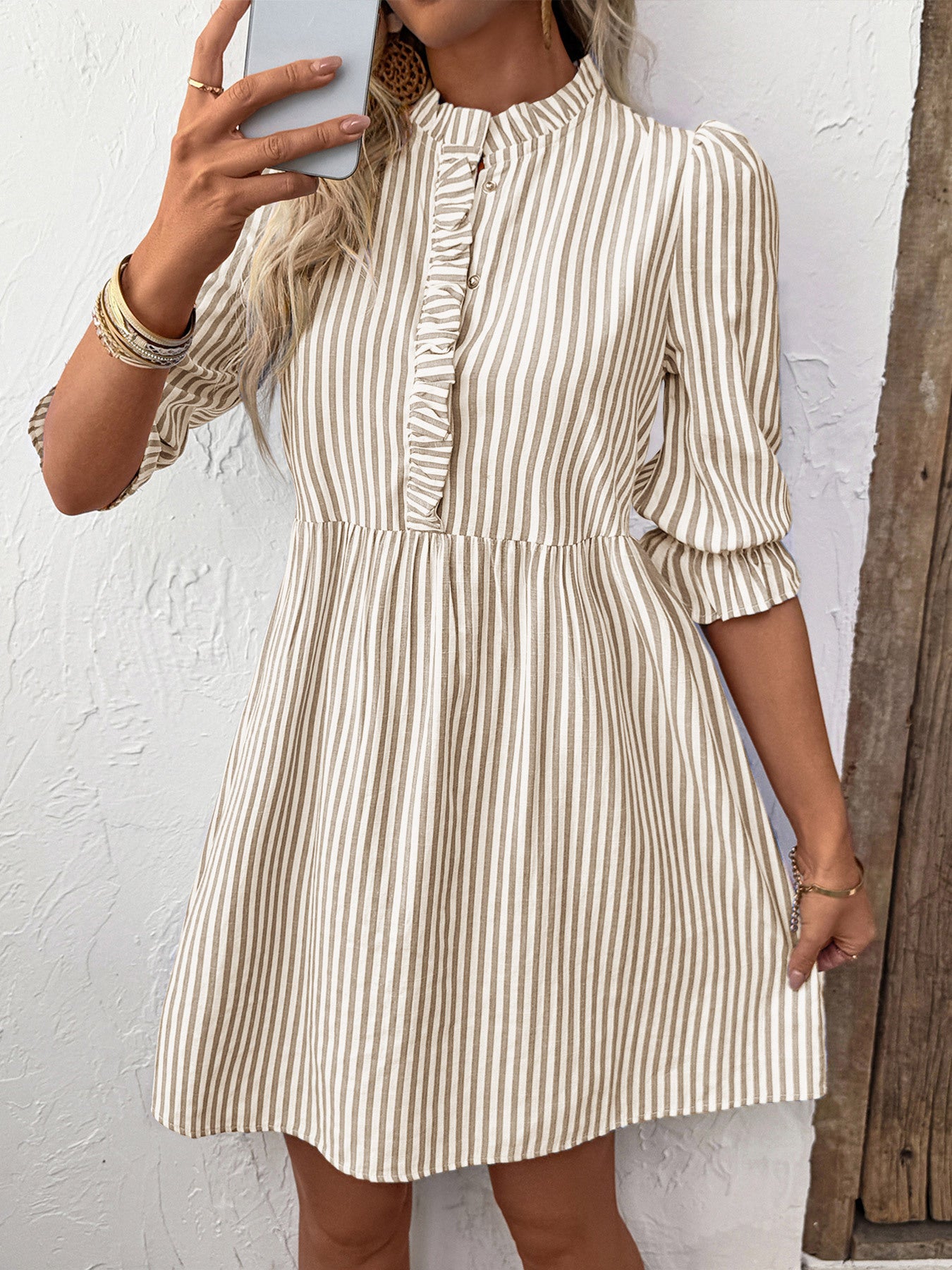 Puff Sleeve Stand Collar Striped Dress with A-Line Skirt Style
