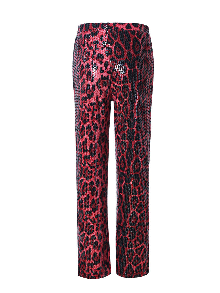 Leopard Print Straight-leg Trousers with Sparkling Sequins Detail