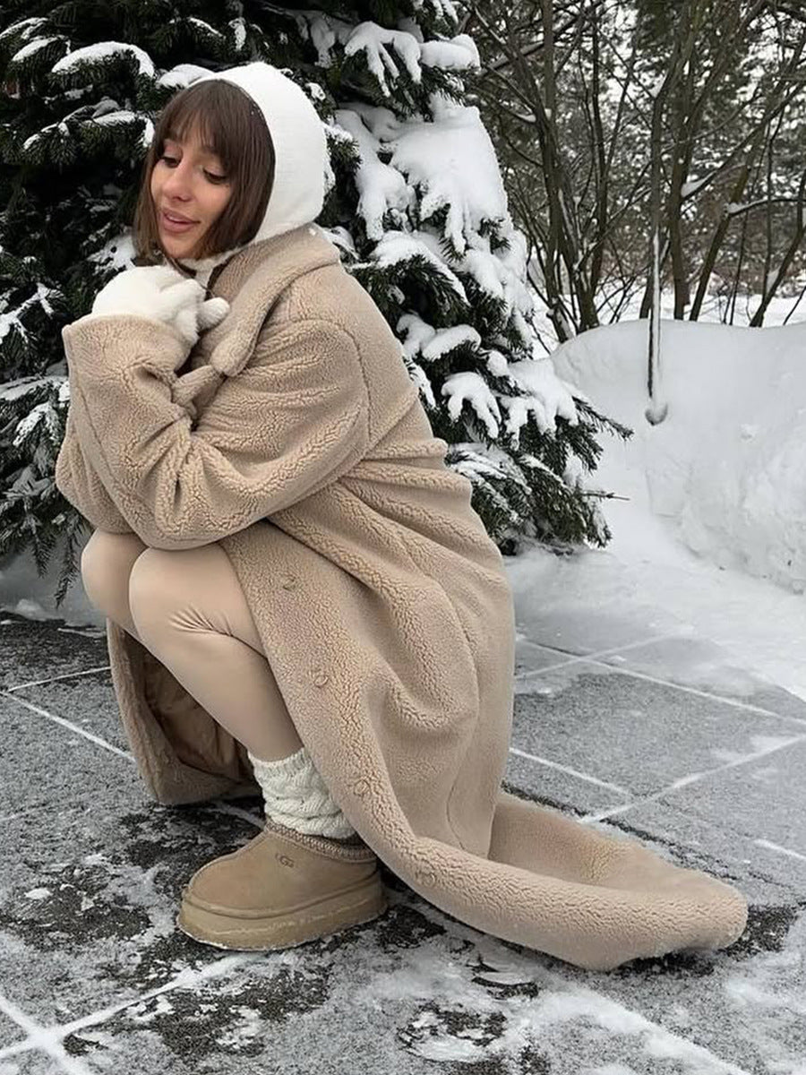 Polyester Long Button Cashmere Coat with Luxurious Fur Collar