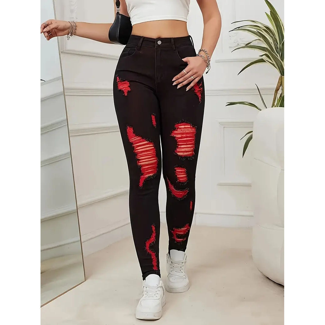 Denim Trousers with Ripped Contrast Colors for Street Fashion Style