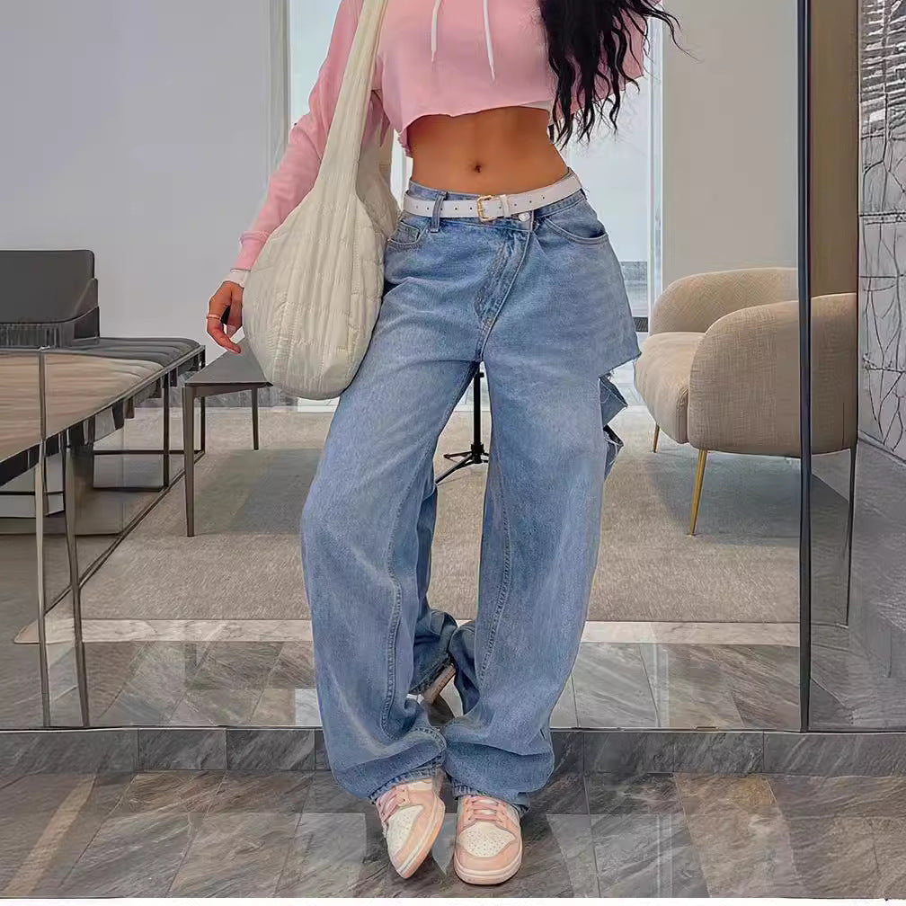Loose Hole Jeans with Fashionable Oblique Waist Design for Style