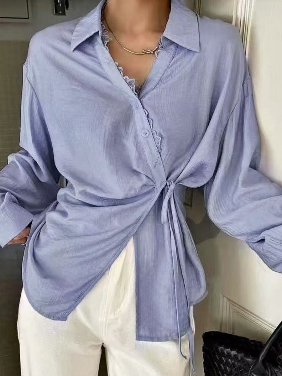 Blue Long Sleeved Shirt with Lace-up Cardigan Style