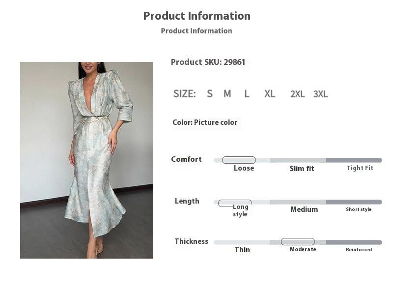 Deep V-neck Slim-fit Printed Dress with Elegant Style Appeal