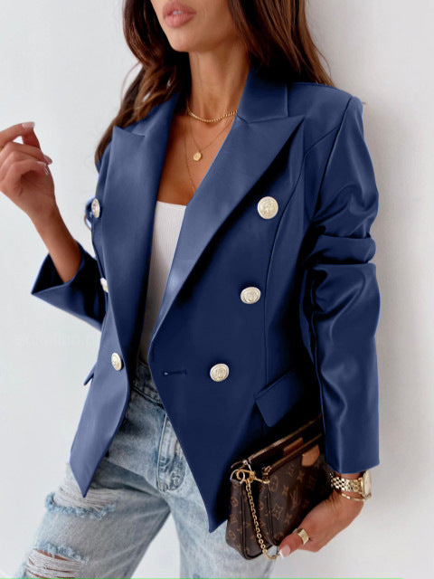 Long Sleeve Double Breasted PU Leather Jacket with Classic Style
