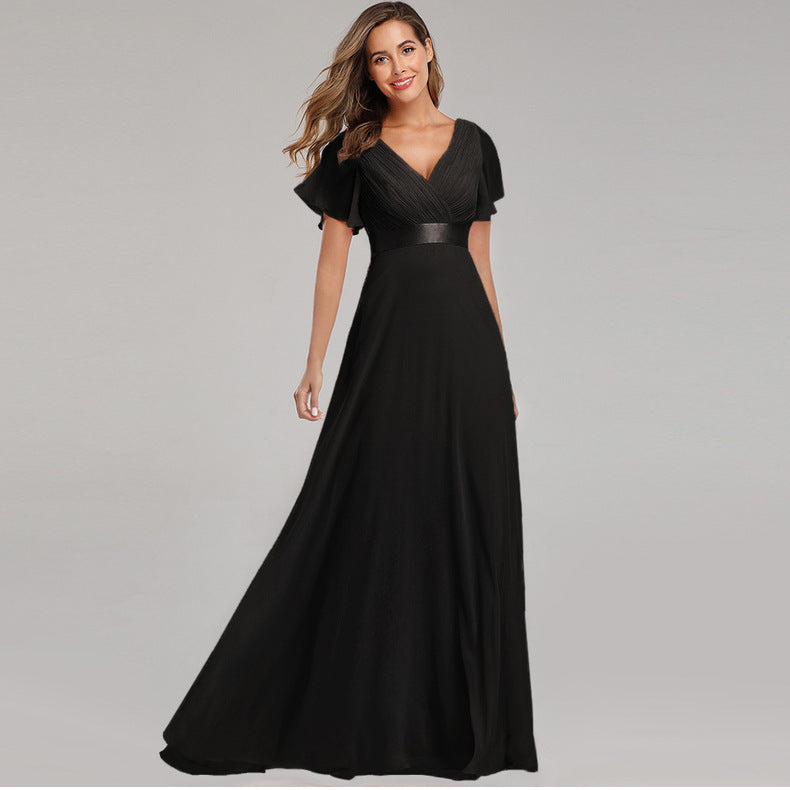Chiffon Maxi Dress with Flared Sleeves and Handmade Pleats
