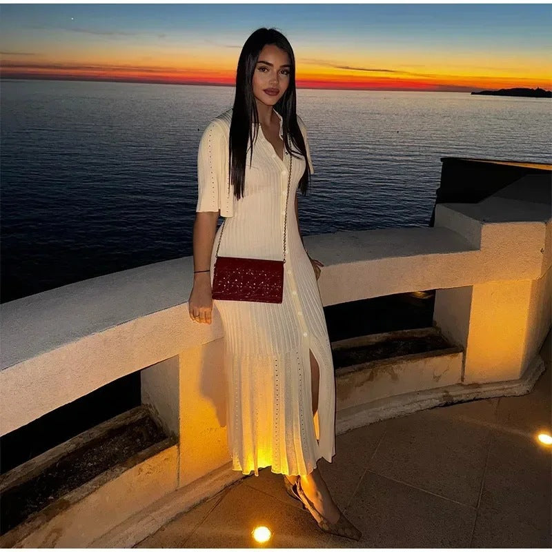 Short-sleeved Knitted Dress with Stylish Slit Design for Every Occasion