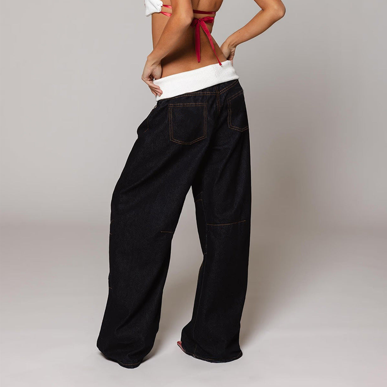 Distressed Denim Straight Trousers with Mid Waist Comfort