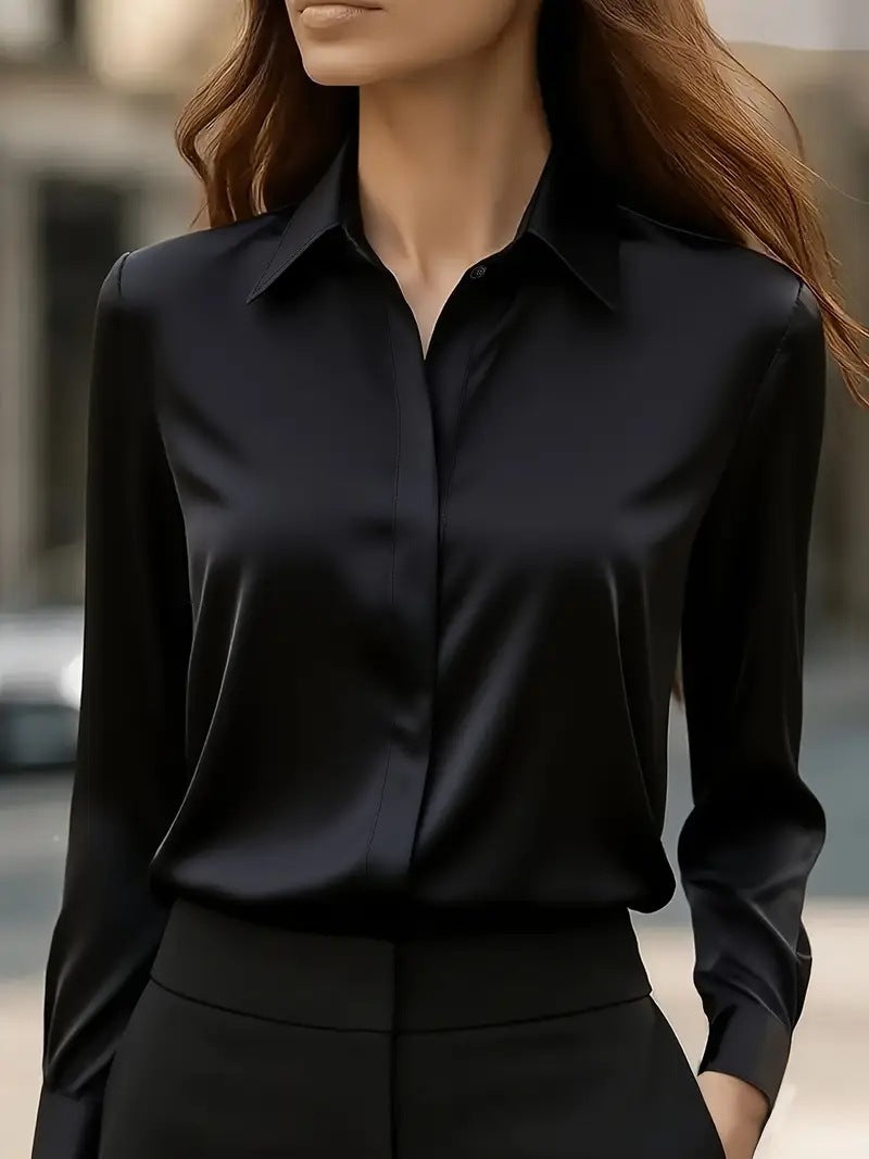 Satin Blouse with Long Sleeve Lapel Design for Effortless Elegance