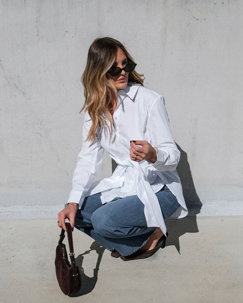 Cotton Blouse with Lace-up Waist Trimming for Casual Style