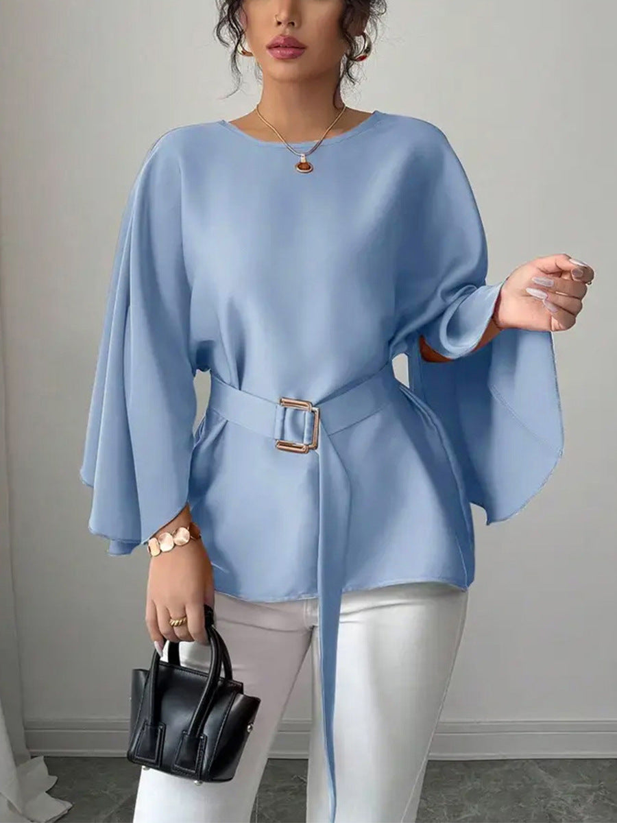 Solid Color Flared Half Sleeve Shirt with Bell Sleeve Design