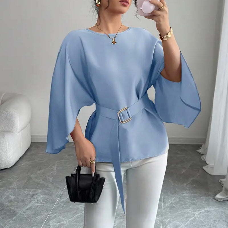 Solid Color Flared Half Sleeve Shirt with Bell Sleeve Design