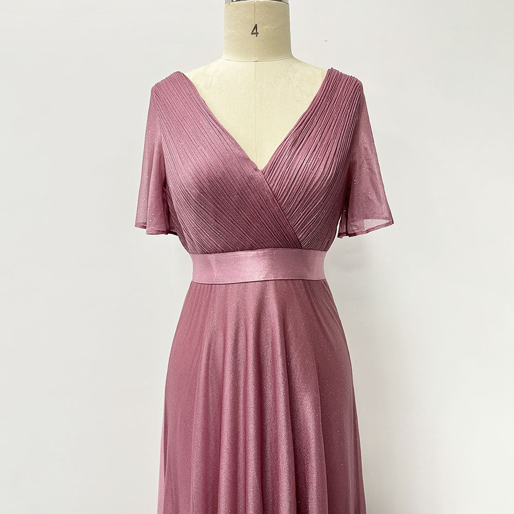 Chiffon Maxi Dress with Flared Sleeves and Handmade Pleats