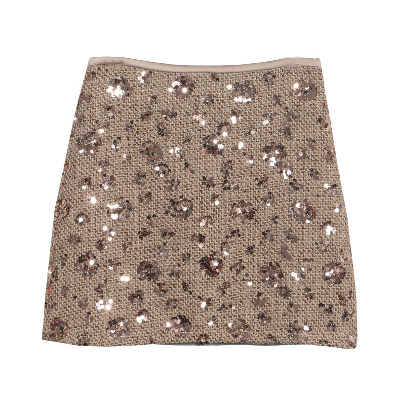 Sequined Red A-Line Skirt with High Waist Slimming Design