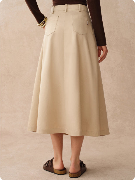 Khaki Pleated Tooling Skirt with High Waist Design
