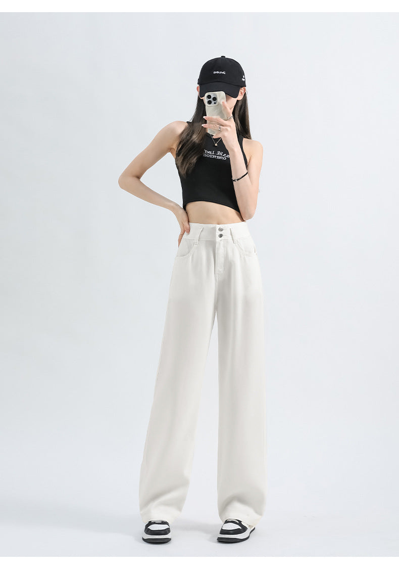 Lyocell Denim Wide-leg Pants with High Waist and Button Detail