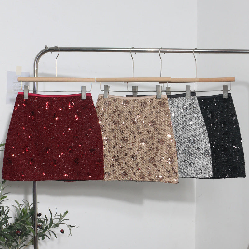 Sequined Red A-Line Skirt with High Waist Slimming Design
