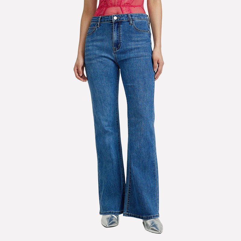 Mid-waist Retro Denim Bell-bottom Pants with Stretch Fabric Design
