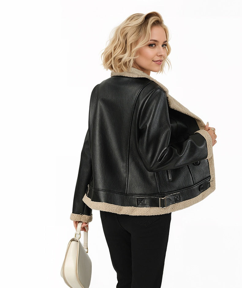 Fleece Padded Leather Coat with Fur Collar Alternative Styling