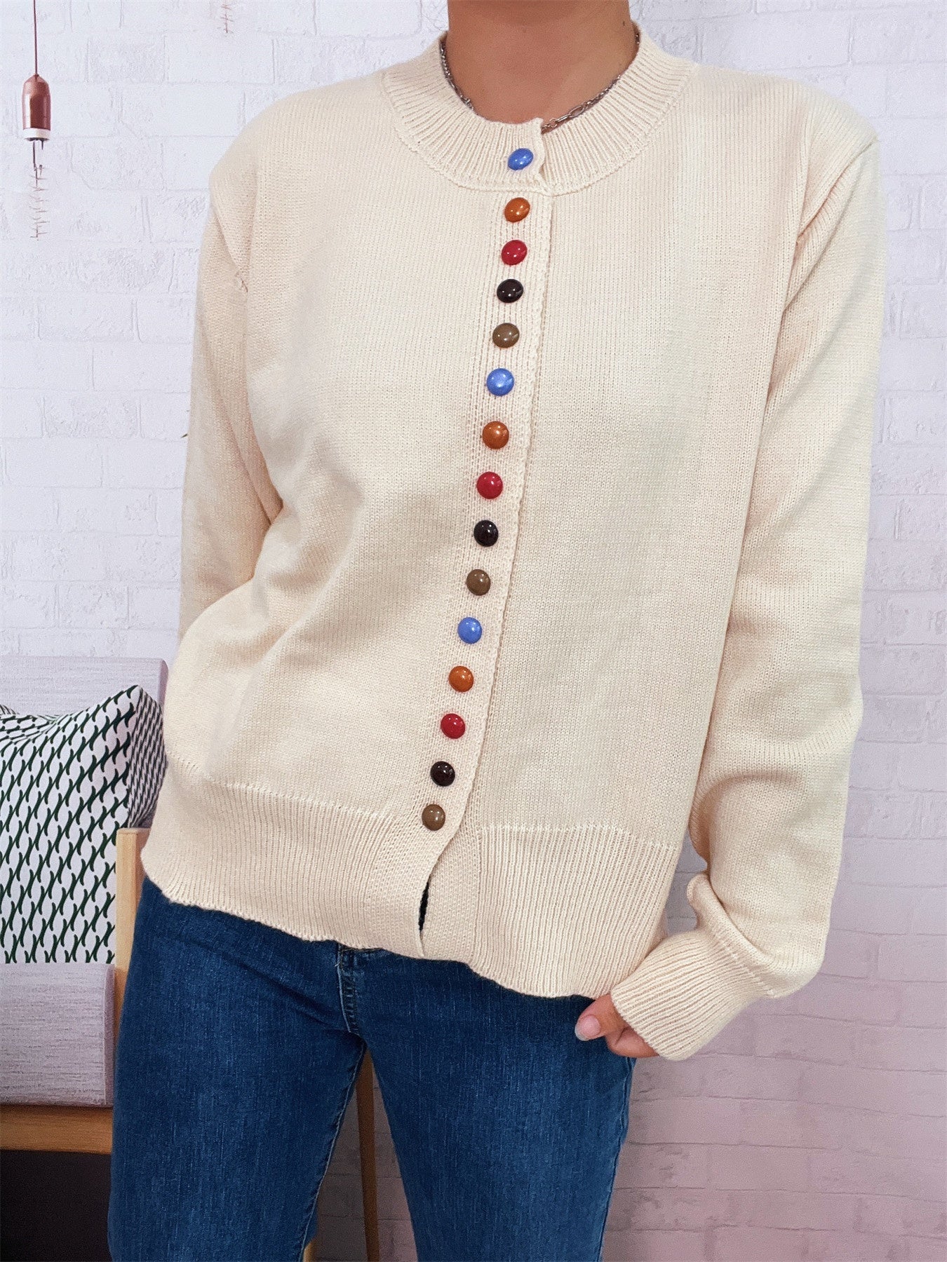 Simple Commute Color Button Single-breasted Knitted Cardigan Sweater Coat