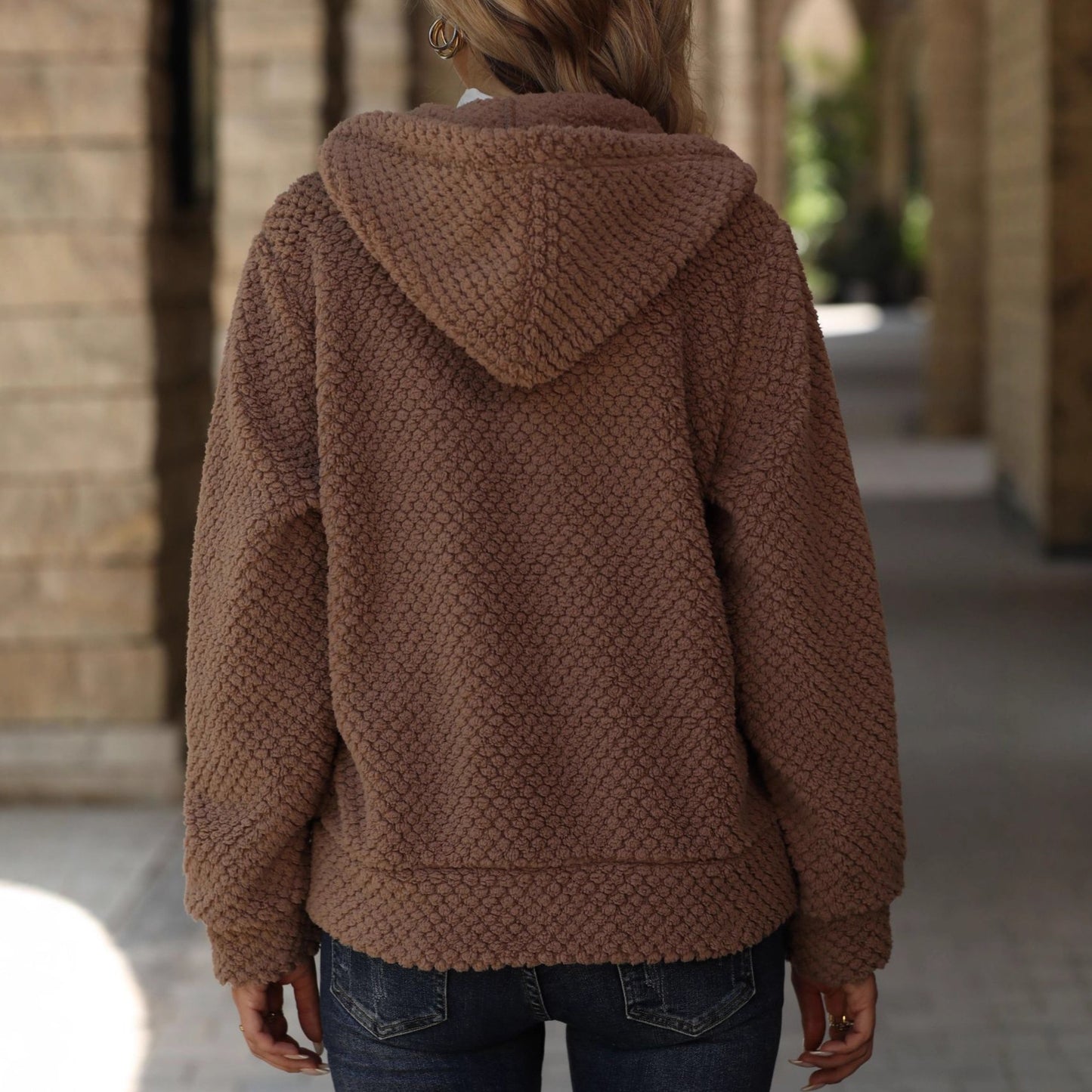 Loose Pocket Hooded Zipper Plush Jacket for Autumn and Winter