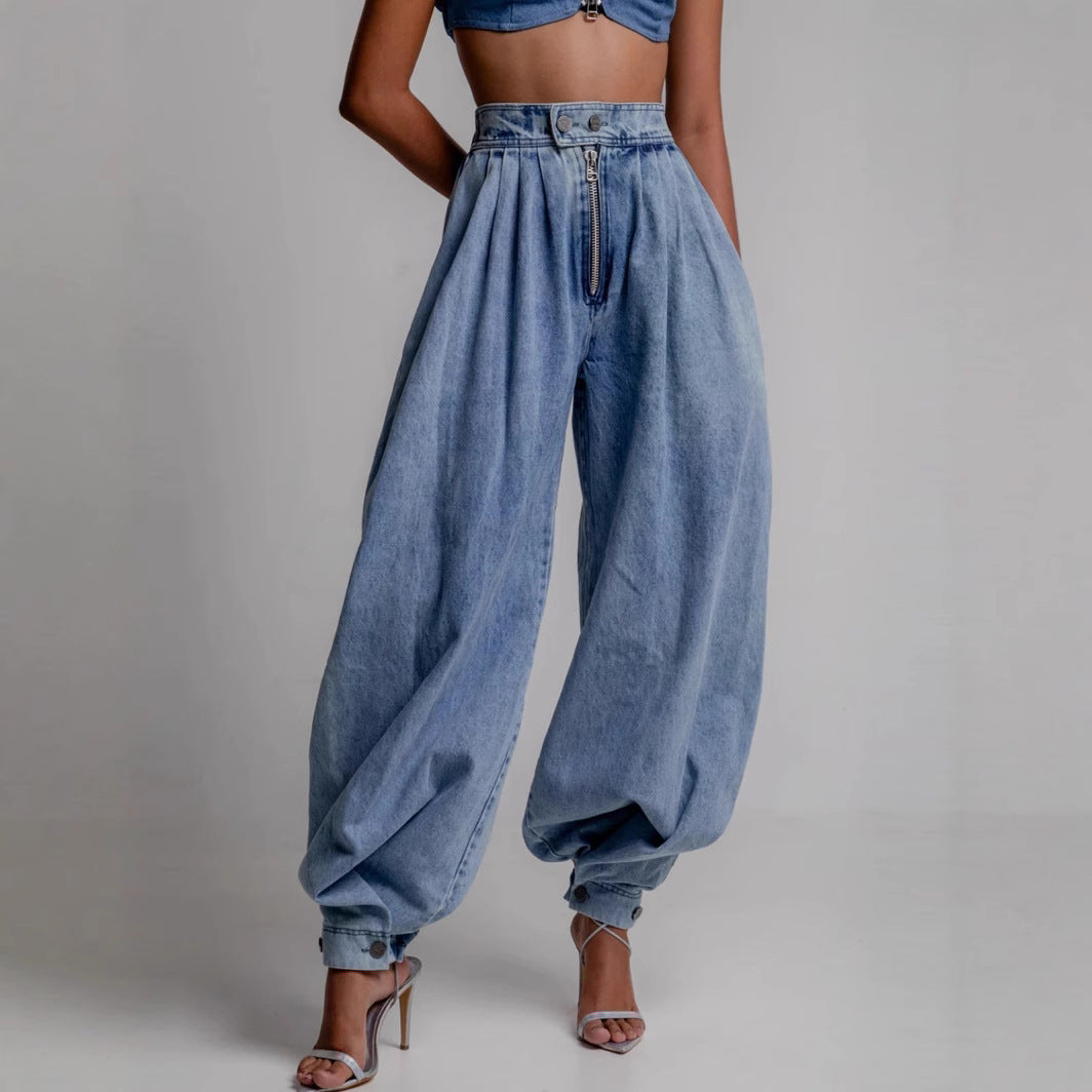 Ankle-Tied High Waist Jeans with Micro Elasticity and Comfort Fit