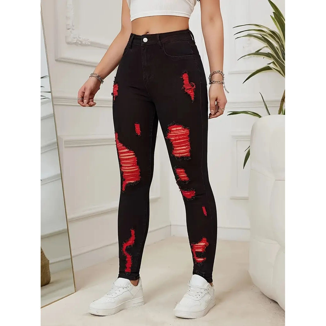 Denim Trousers with Ripped Contrast Colors for Street Fashion Style