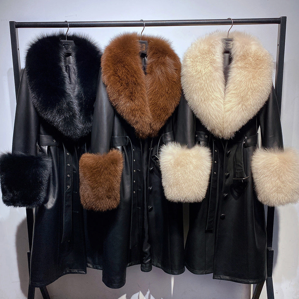 Slim-fit Leather Sheepskin Coat with Luxurious Fox Fur Lining