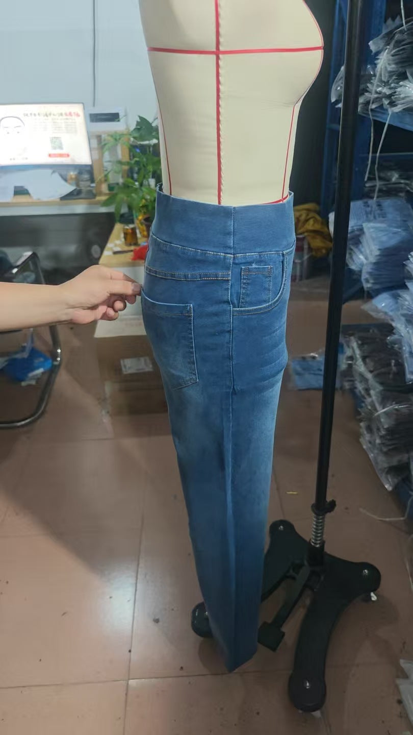 Straight Denim Trousers with High Elasticity and Trendy Style