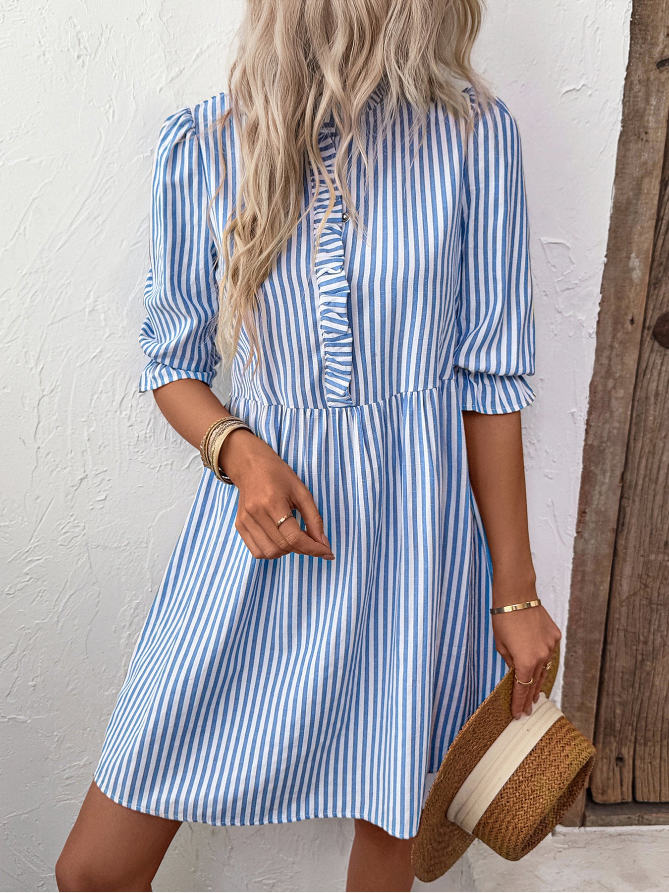 Puff Sleeve Stand Collar Striped Dress with A-Line Skirt Style