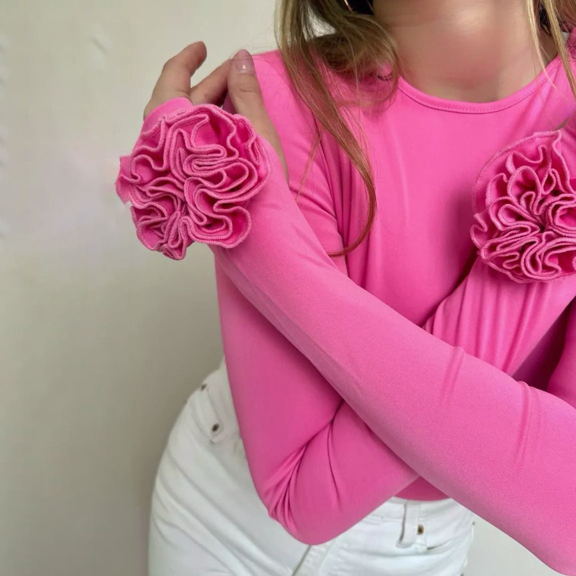 Floral Long Sleeve Slim-fit Tops with Charming 3D Design