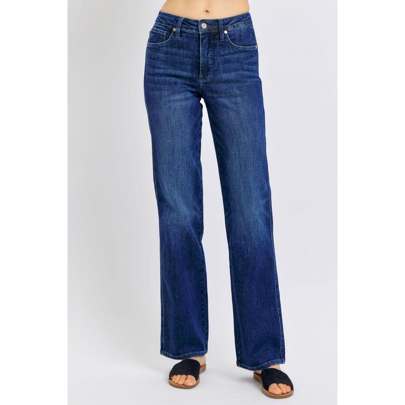 Straight Leg Dark Color Scrubbing Jeans with Belly-Contracting Design