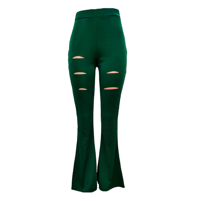 Bootcut Trousers with High Waist Design and Ripped Details