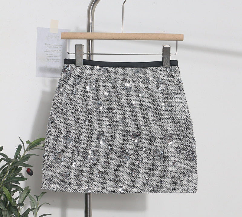 Sequined Red A-Line Skirt with High Waist Slimming Design