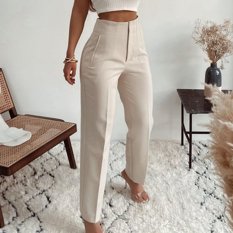 Pleated High Waist Slim-fit Basic Pants with Pocket Detail