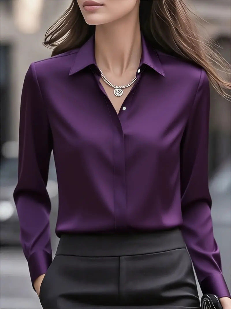 Satin Blouse with Long Sleeve Lapel Design for Effortless Elegance