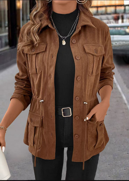 Corduroy Jacket with Solid Color Polo Collar for Casual Style