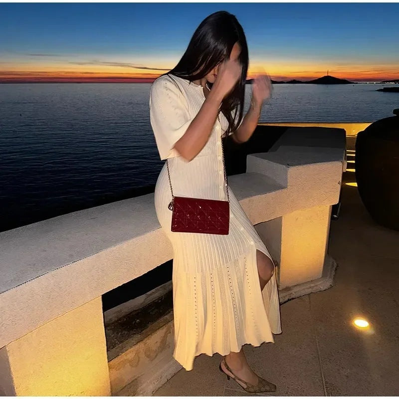 Short-sleeved Knitted Dress with Stylish Slit Design for Every Occasion