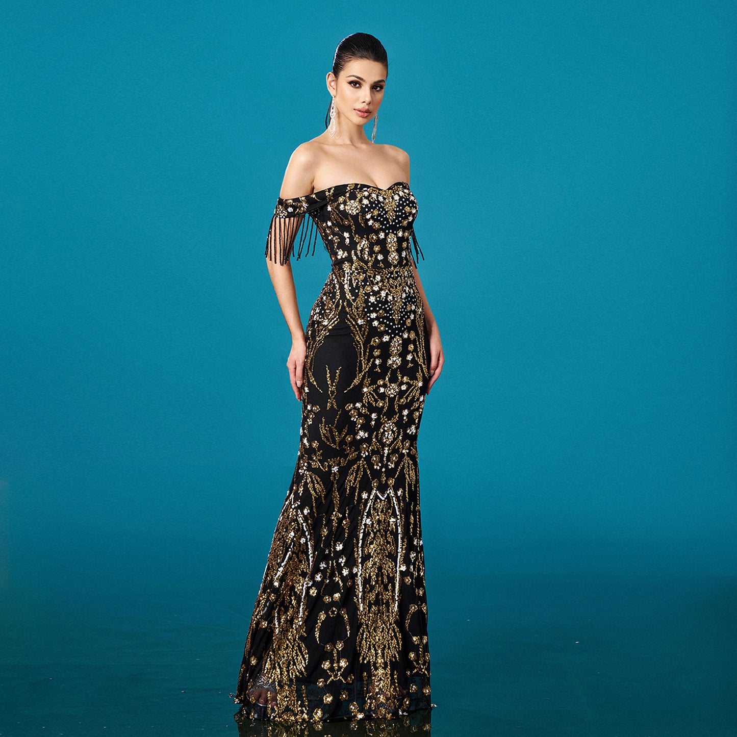 Fishtail Evening Dress with Off-neck Tassel Sequins for Banquet