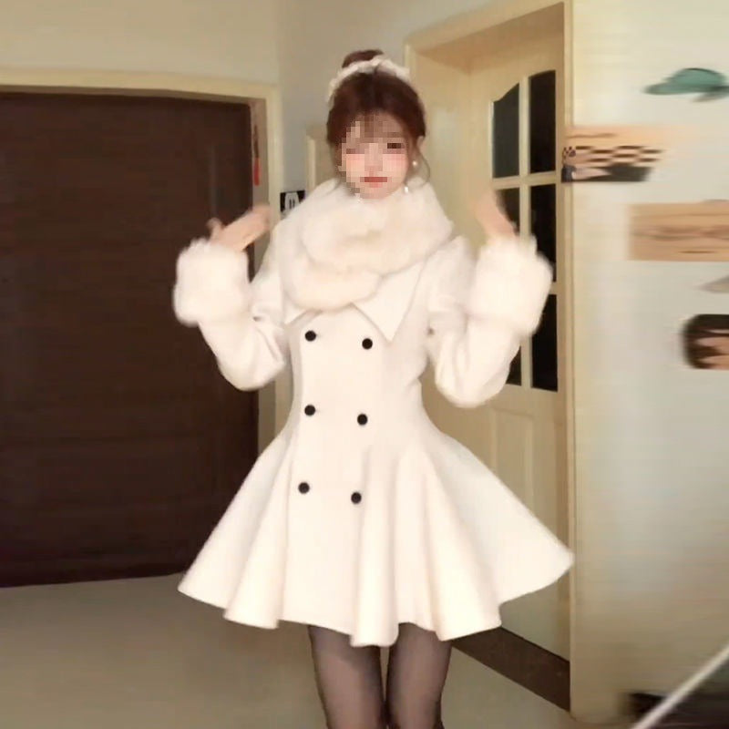 Cotton Wool Collar Woolen Coat with Detachable Fur Collar