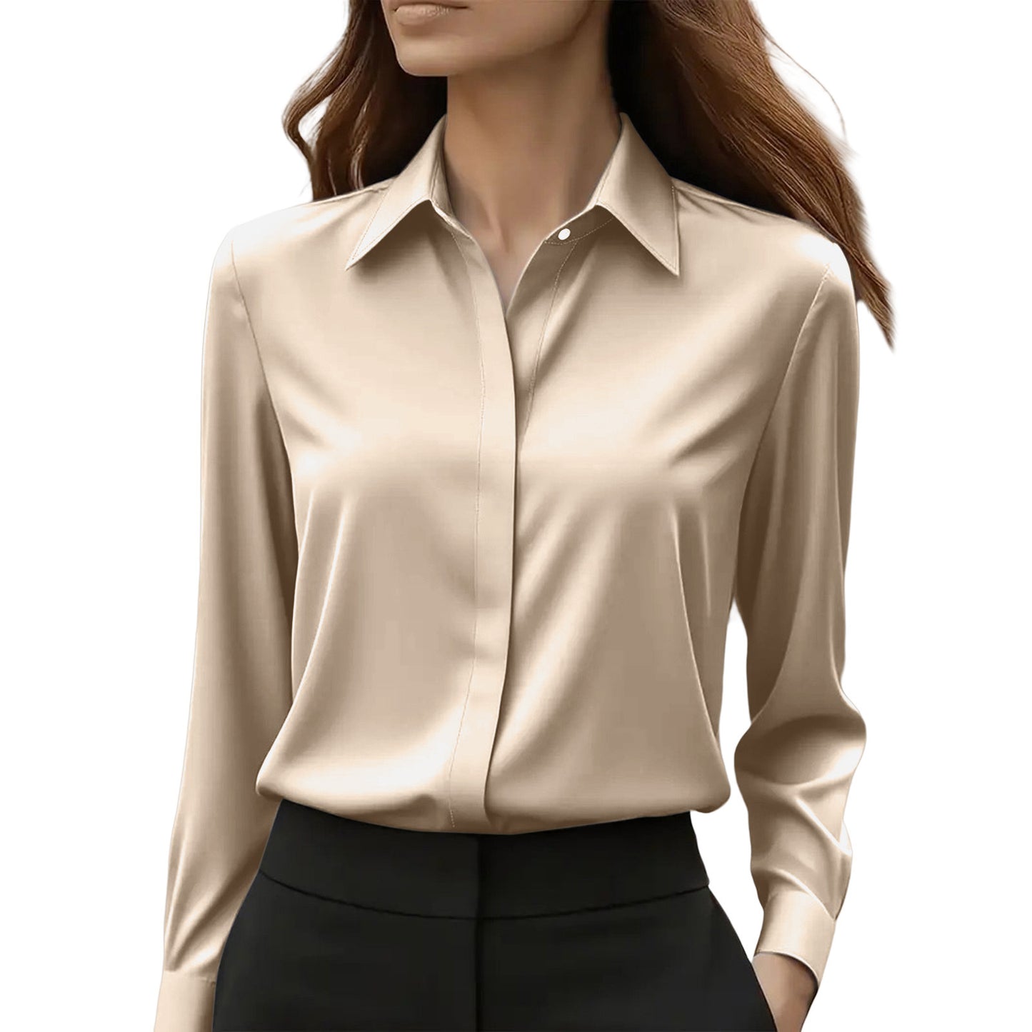 Satin Blouse with Long Sleeve Lapel Design for Effortless Elegance
